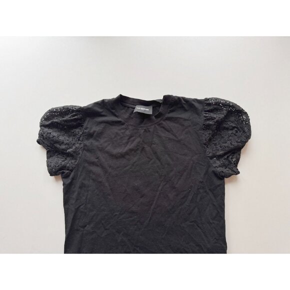 THE KOOPLES Black Cotton Jersey Lace Puff Sleeve Crew Neck T-Shirt Top, Size 1/S - Picture 6 of 11